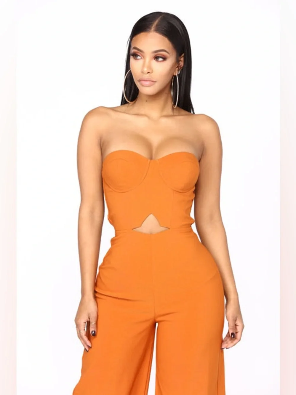 Fashion Nova Jumpsuit Womens Size M orange brown Strapless Sweetheart Wide-Leg - Picture 7 of 7